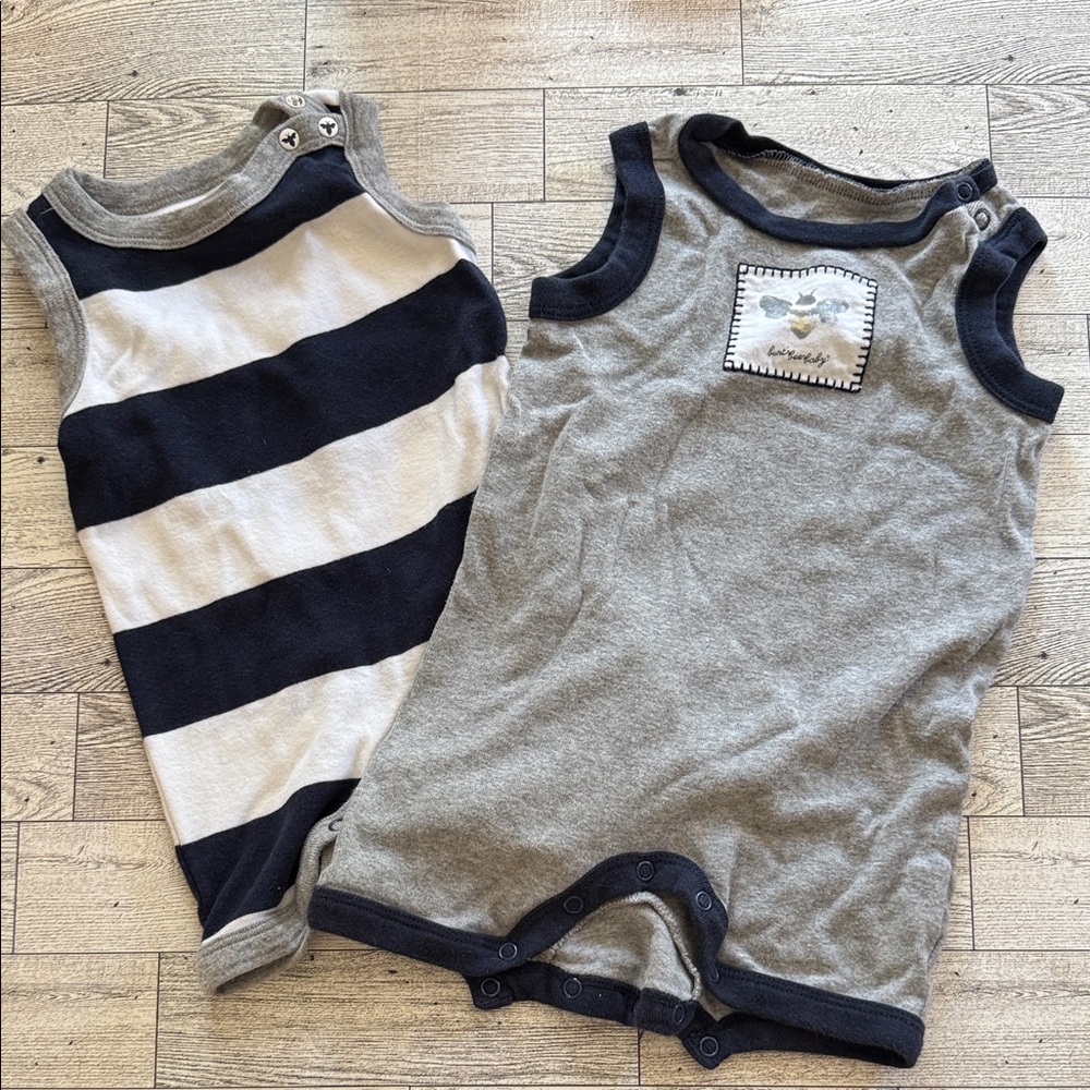 Striped and Solid Gray Baby Rompers 3-6 Months by Burts Bees Bundle of 2